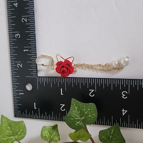 Gold with Velvet Red Rose Flower and Pearls Danglr Drop Earrings - Picture 9 of 9